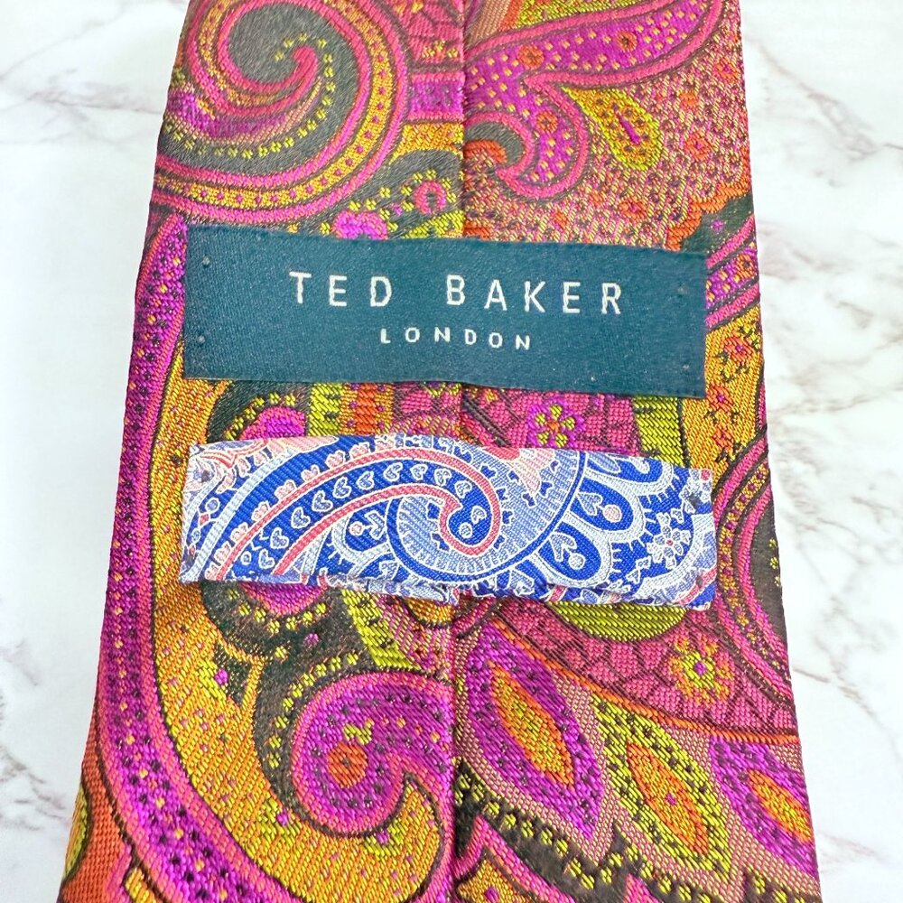 Ted Baker London 100% Silk Paisley Necktie Pink Gold Mustard Made In USA Retro - Picture 6 of 11